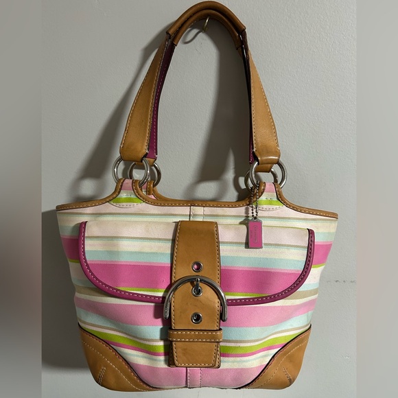 Coach Vintage Soho pink striped with buckle & metal hangtag - Picture 1 of 9